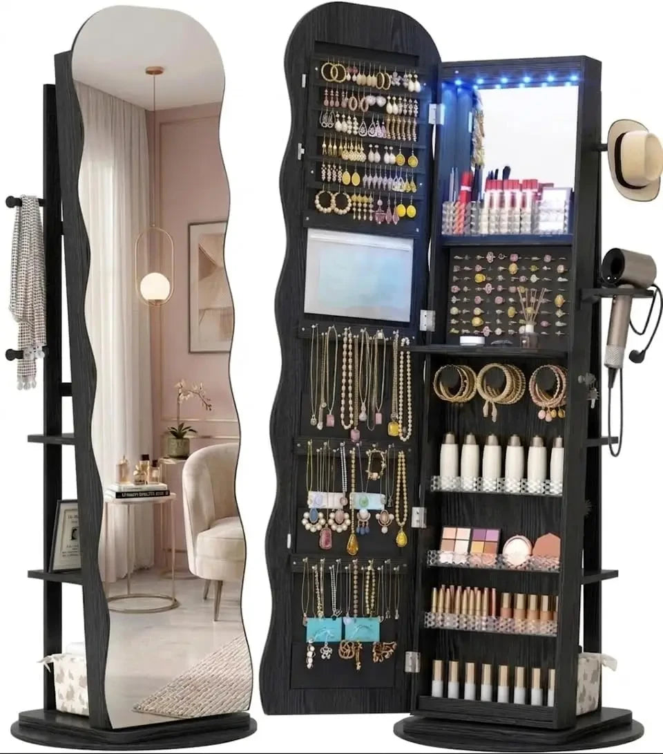 Black Wave Mirror Jewelry Armoire