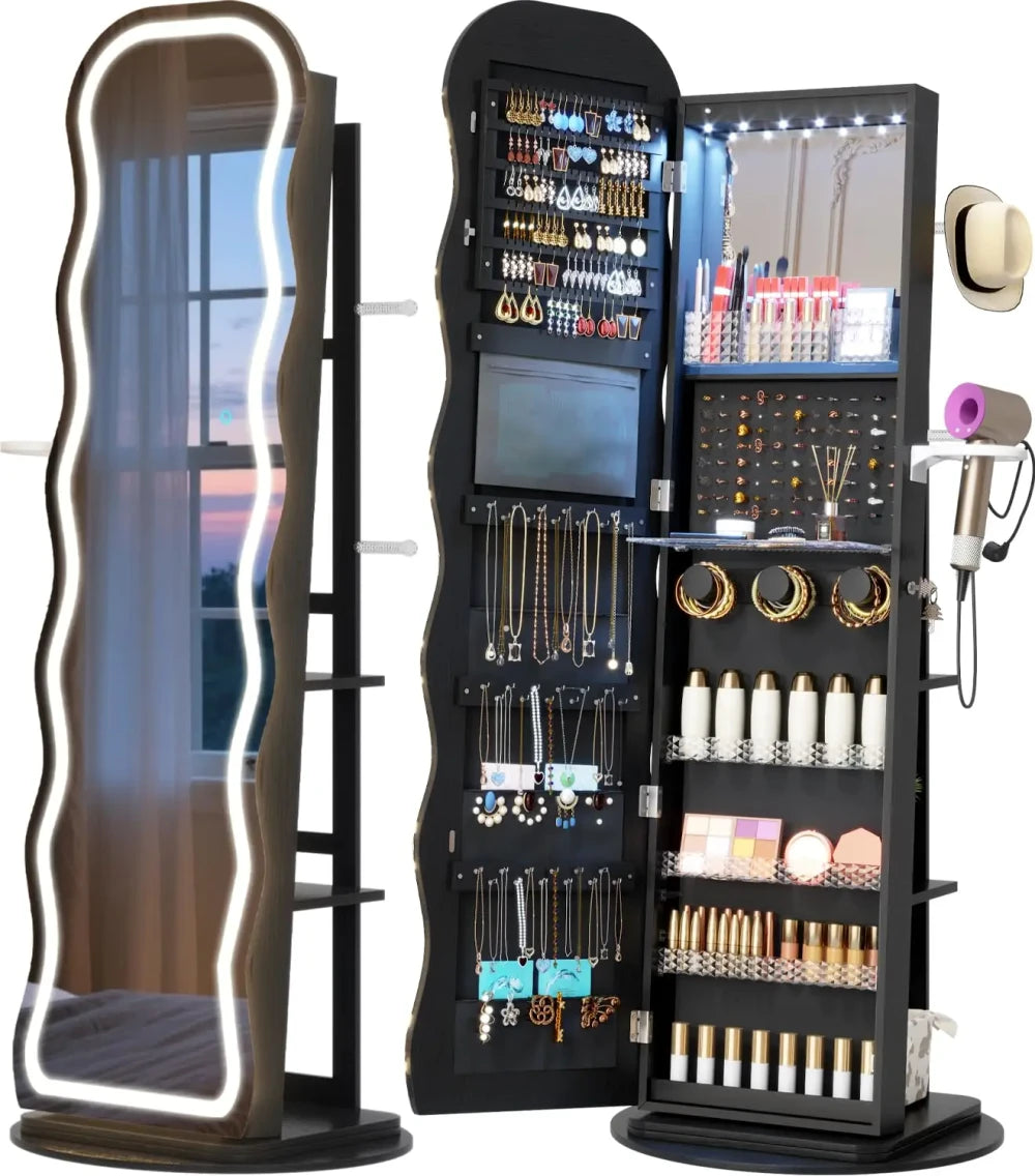 Black Wave Mirror Jewelry Armoire
